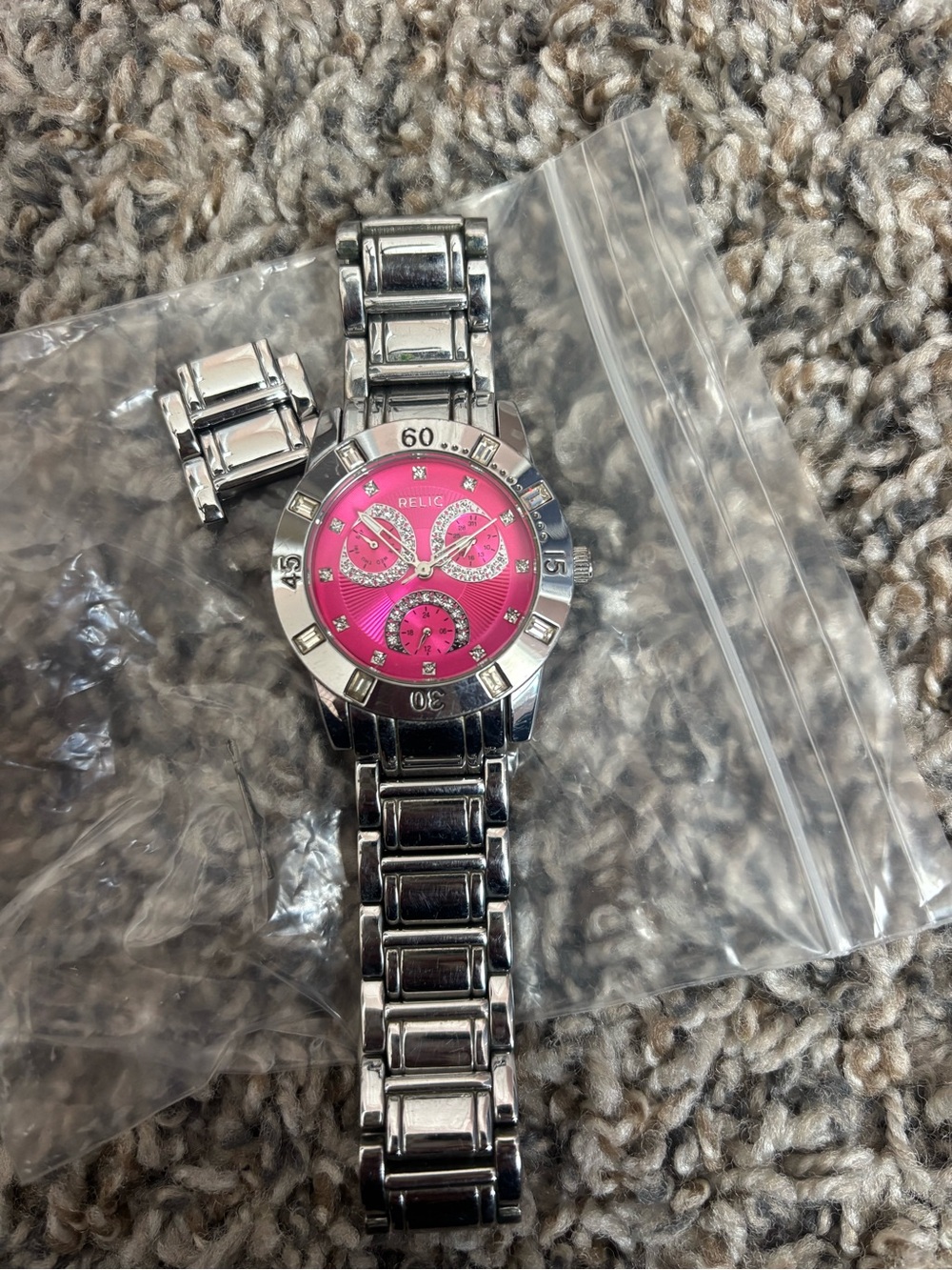 Relic Silver Bracelet Watch with Pink Dial and Crystal Accents